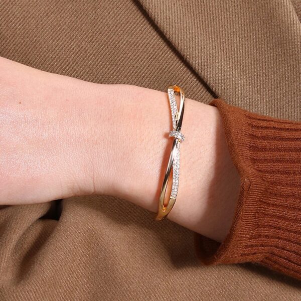 Gold Plated Crisscross CZ Bangle Bracelet - Image 2