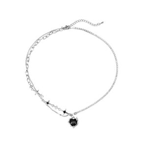 Black Zircon Cross & Heart Pendant Necklace
